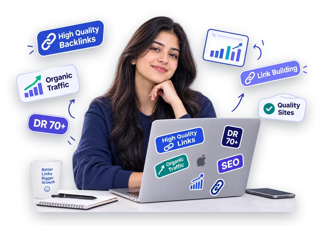 SEO specialist smiling at a laptop covered in link building stickers: high quality backlinks, DR 70+, organic traffic and quality sites